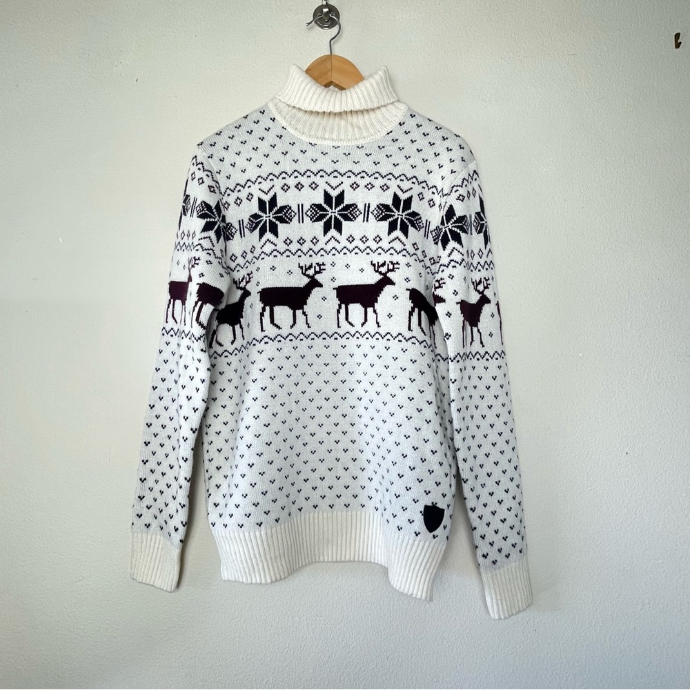 SoulStar Reindeer Sweater | Turtle Neck Long Sleeve Cream Knit Jumper | M